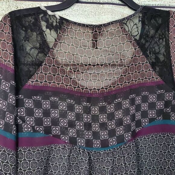 Maurices Women’s Boho Sheer Blouse Size M Long Sleeve Lace Yoke Mixed Print Peas - Picture 4 of 9